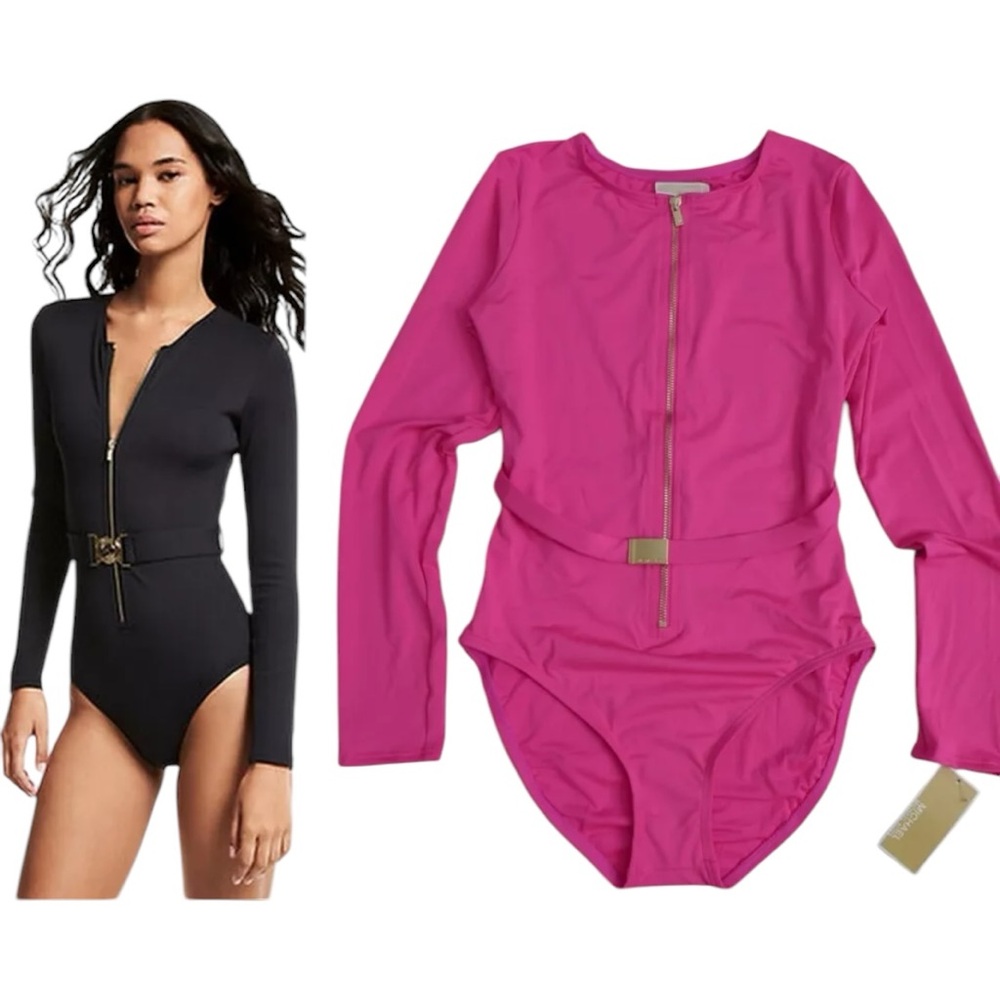 🩷 SOLD MICHAEL KORS Long Sleeve Zip Front One Piece rashguard surf swimsuit NWT - Picture 2 of 11